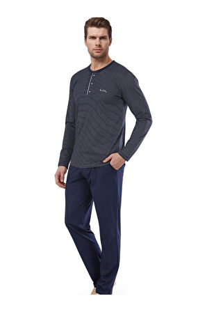 Erkek Lacivert Pamuklu Likralı Penye Kutulu Erkek Çizgili Çeyizlik Pijama Takımı QP5K6E5K6R