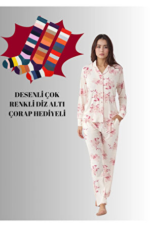 Kadın Krem Modal Pamuklu Likralı Pijama Takımı Çorap Hediyeli QP9K0R5K6R