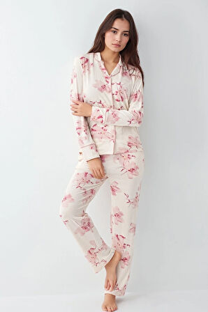 Kadın Krem Modal Pamuklu Likralı Pijama Takımı Çorap Hediyeli QP9K0R5K6R