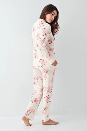 Kadın Krem Modal Pamuklu Likralı Pijama Takımı Çorap Hediyeli QP9K0R5K6R