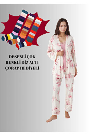 Kadın Modal Pamuklu Pembe Sabahlıklık Pijama Takımı Çorap Hediyeli QP9K0R5K8R