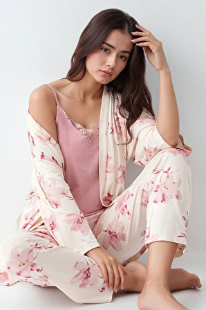 Kadın Modal Pamuklu Pembe Sabahlıklık Pijama Takımı Çorap Hediyeli QP9K0R5K8R