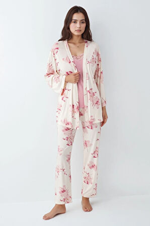 Kadın Modal Pamuklu Pembe Sabahlıklık Pijama Takımı Çorap Hediyeli QP9K0R5K8R