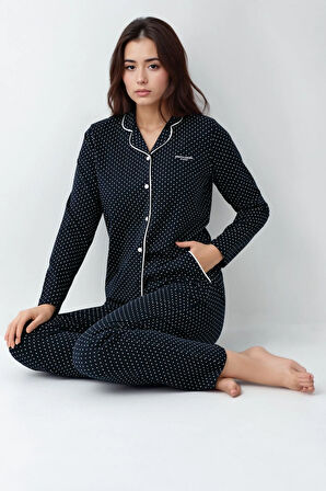 Kadın Modal Pamuklu Lacivert Puantiyeli Pijama Takımı Çorap Hediyeli QP9K0R9K2R