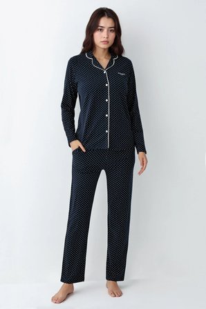 Kadın Modal Pamuklu Lacivert Puantiyeli Pijama Takımı Çorap Hediyeli QP9K0R9K2R