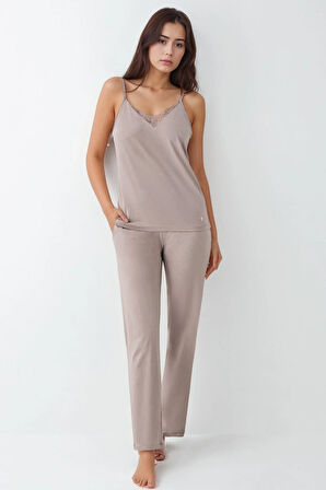 Kadın Modal Pamuklu Vizon Sabahlıklı Pijama Takımı Çorap Hediyeli QP9K0R9K9R