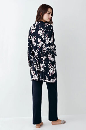 Kadın Modal Pamuklu Lacivert Sabahlıklı Pijama Takımı Çorap Hediyeli QP9K1R0K8R