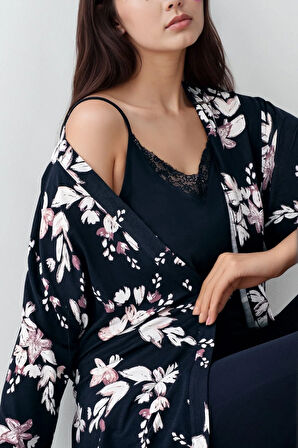 Kadın Modal Pamuklu Lacivert Sabahlıklı Pijama Takımı Çorap Hediyeli QP9K1R0K8R