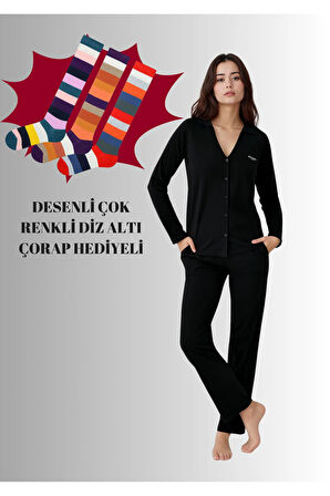 Kadın Modal Pamuklu Pijama Takımı Çorap Hediyeli QP9K1R1K5R