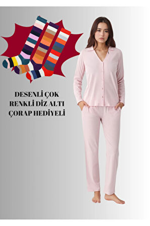Kadın Modal Pamuklu Pijama Takımı Çorap Hediyeli QP9K1R1K5R