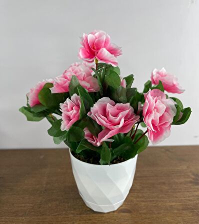 Yapay Çiçek Beyaz Saksıda Pembe Açelya Dekoratif Masa Çiçeği 