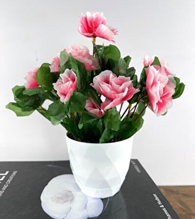 Yapay Çiçek Beyaz Saksıda Pembe Açelya Dekoratif Masa Çiçeği 