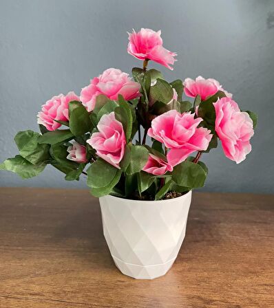 Yapay Çiçek Beyaz Saksıda Pembe Açelya Dekoratif Masa Çiçeği 