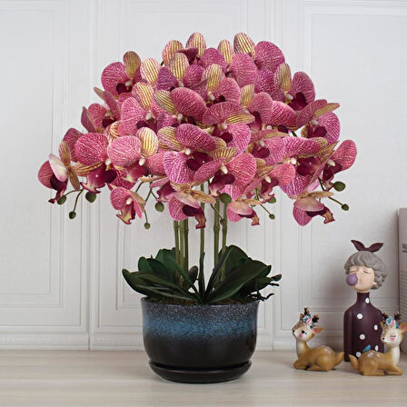 4lü Set Yapay Çiçek Fuşya Çilli Islak Orkide ve 2 Adet Orkide Yaprağı Gerçeksi Doku Uzun Dal 90cm