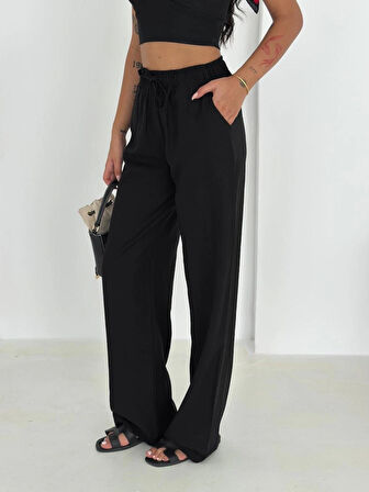 Siyah Renk %100 Pamuk Bağcıklı Geniş Paça Keten Pantolon