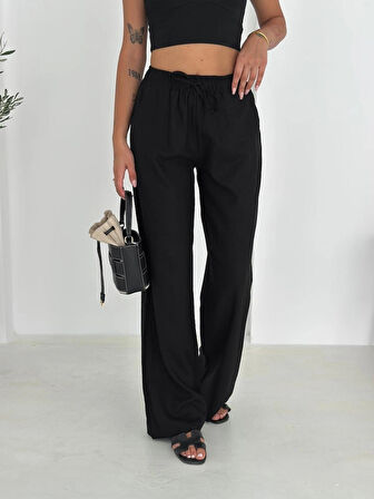 Siyah Renk %100 Pamuk Bağcıklı Geniş Paça Keten Pantolon