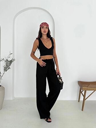 Siyah Renk %100 Pamuk Bağcıklı Geniş Paça Keten Pantolon