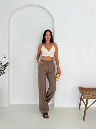 Kahverengi  %100 Pamuk Bağcıklı Geniş Paça Keten Pantolon
