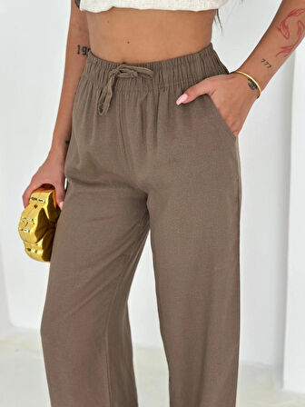 Kahverengi  %100 Pamuk Bağcıklı Geniş Paça Keten Pantolon