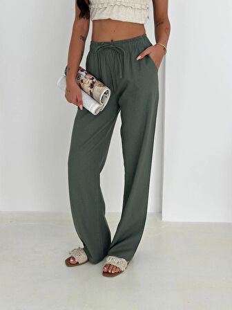 Haki Renk  %100 Pamuk Bağcıklı Geniş Paça Keten Pantolon