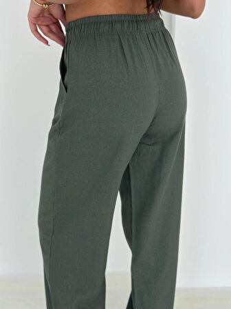 Haki Renk  %100 Pamuk Bağcıklı Geniş Paça Keten Pantolon