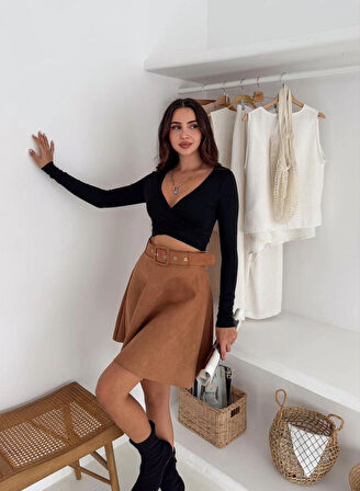 Kadın Taba Renk Midi Boy Kemerli Süet Kloş Etek