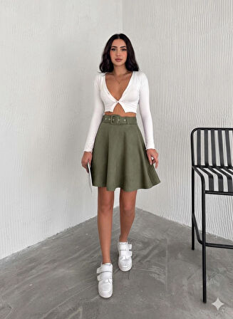 Kadın Haki Renk Midi Boy Kemerli Süet Kloş Etek