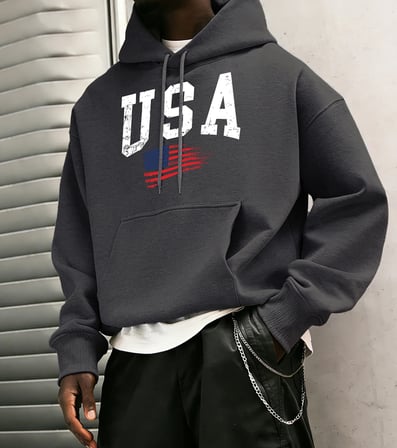 ABD Harfli Amerikan Bayrağı Baskılı Erkek Klasik Kapüşonlu Sokak Stili Günlük Polar Sweatshir