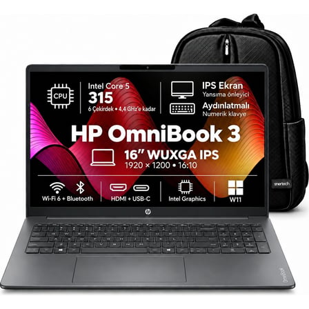 HP Omnibook Intel Core 5 315 12GB 256GB SSD 16" Windows 11 Pro Taşınabilir Dizüstü Bilgisayar + Snertech Çanta DX9T1EA S4