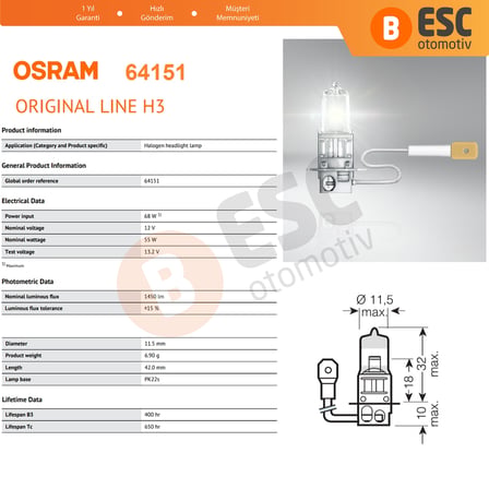 Sis Lambası Römork Arazi Aracı Farı İçin OSRAM ORIGINAL 64151 H3 12V 55W PK22s H3 Halojen Ampul