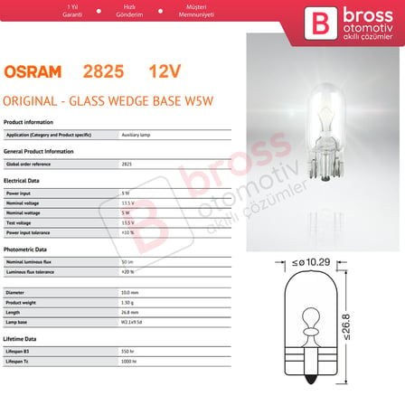 10 Adet OSRAM 2825 W5W 12V ORIGINAL Seri Şeffaf Standart Dipsiz Ampul