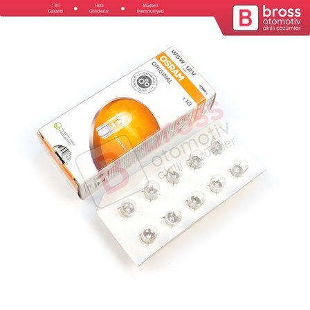10 Adet OSRAM 2825 W5W 12V ORIGINAL Seri Şeffaf Standart Dipsiz Ampul