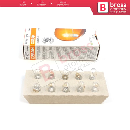 10 Adet OSRAM 2825 W5W 12V ORIGINAL Seri Şeffaf Standart Dipsiz Ampul