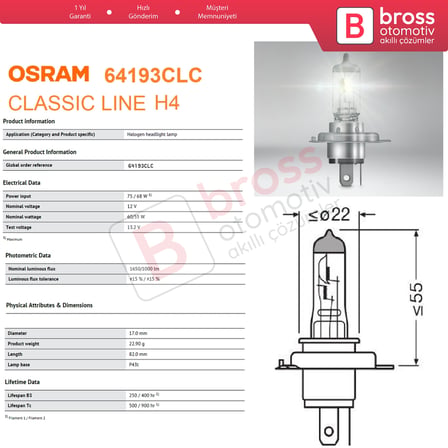Kısa Uzun Far Sis Lambası için 10 Adet OSRAM CLASSIC Seri 64193CLC 12V 60/55W H4 Halojen Far Ampulü