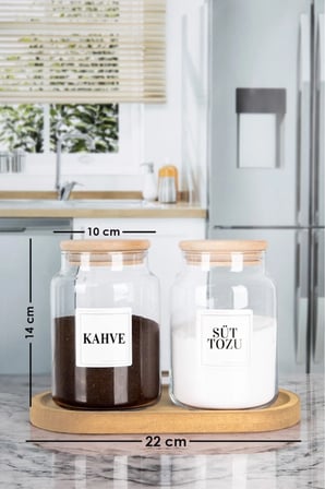 2'li Ahşap Stantlı Bambu Kapaklı Süt Tozu Kahve Etiketli  Kavanoz 800 ml