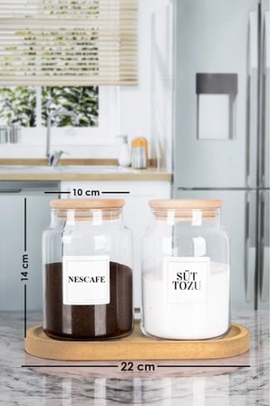 2'li Ahşap Stantlı Bambu Kapaklı Süt Tozu Kahve Etiketli  Kavanoz 800 ml