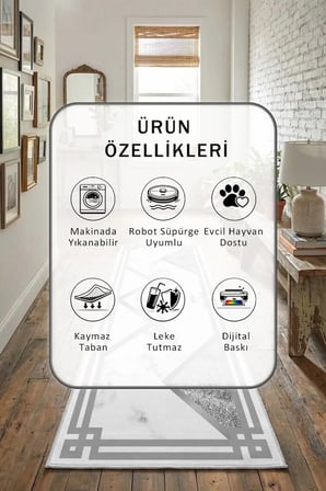 Klasik Silver Mermer Yıkanabilir Kaymaz Taban Dijital Baskılı Yolluk Halı Açık Gri
