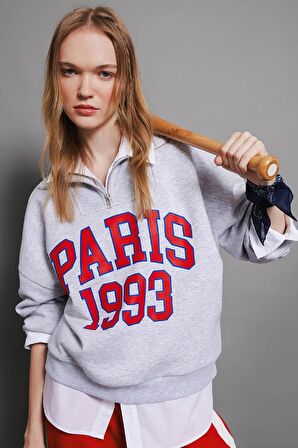 DeFacto Coool Oversize Geniş Kalıp Yarım Fermuarlı Baskılı Kalın Sweatshirt D4762AX24AUGR210