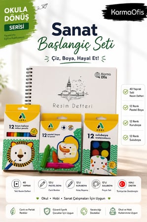 Okula Dönüş Sanat Başlangıç Seti | 40 Yaprak Resim Defteri + 12'li Kuruboya + 12'li Pastel Boya + 12'li Suluboya
