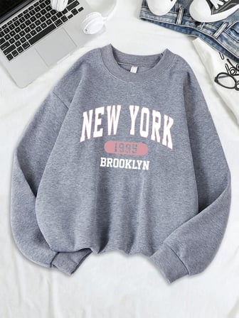 New York Brooklyn 1955 Baskılar Tişörtü Kadın Bisiklet Yaka Rahat Kapüşonlular Gevşek Polar S