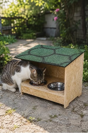 Kedi mama ve su kabı istasyonu su yalıtımlı ayaklı hazır kurulu geliyor