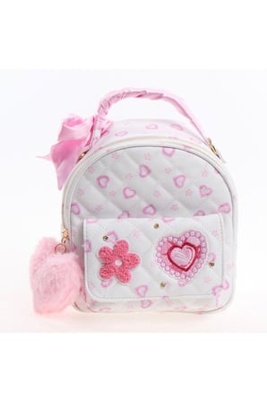 Kapitoneli Beyaz Kalp Desenli Pembe Fiyonklu Mini Sırt Çantası 20x18cm
