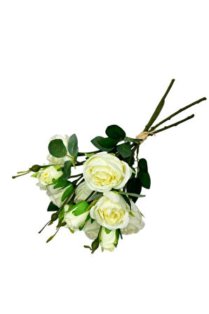 Yapay Çiçek Beyaz Gül 8 Gül 4 Tomurcuklu Lüx Demet Gelin Çiçeği Buketi Masa Üstü Vazo Çiçeği 47cm
