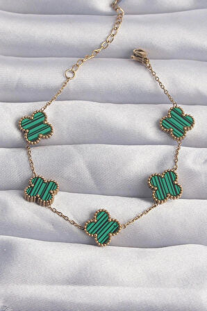  Çelik Gold Renk Çizgili Yeşil Mineli Yonca Bileklik