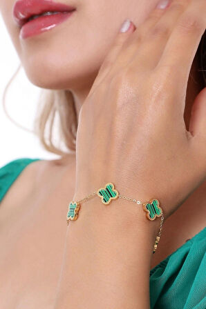  Çelik Gold Renk Çizgili Yeşil Mineli Yonca Bileklik