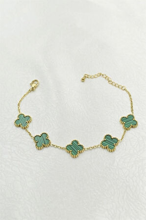  Çelik Gold Renk Çizgili Yeşil Mineli Yonca Bileklik