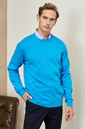 Erkek Turkuaz Standart Fit Normal Kesim Bisiklet Yaka Triko Kazak