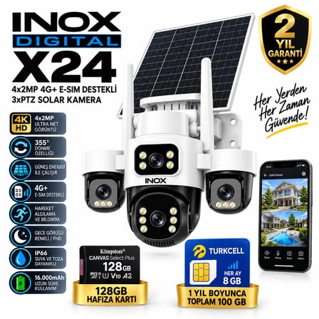 INOX X44 4G+ E-SIM Solar Kamera | 4x2MP 4K | 355° PTZ | 16.000mAh | 128GB Hafıza Kartı + 1 Yıl 100GB İnternet