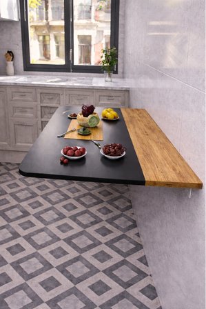 60x110 Katlanır Duvara Monte Masa ve 2 Adet 15x110 Raf Seti Antrasit & Çam Desen Oval Köşeli