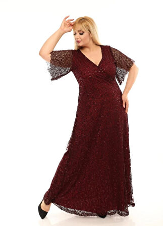 Kadın Büyük Beden Bordo Degaje Yaka Abiye Elbise